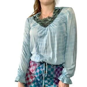 Hand Dyed Blue Vintage Lace Blouse Drawstring Waist Reworked